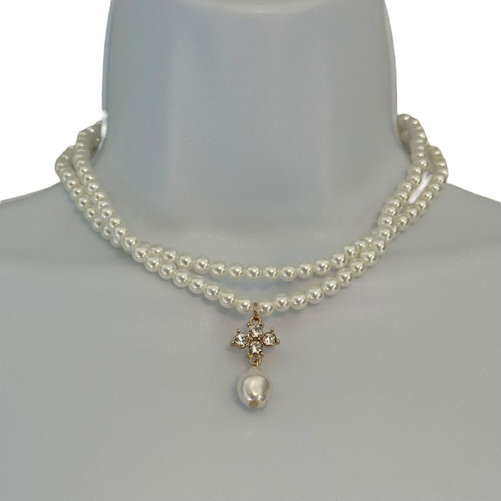 Faux Pearl Double Strand Gold-Toned Pendant Necklace NWOT